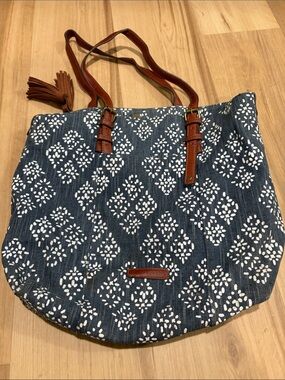 Lucky brand Blue denim Patterned Canvas Tote with Brown Trim - Women's Bag